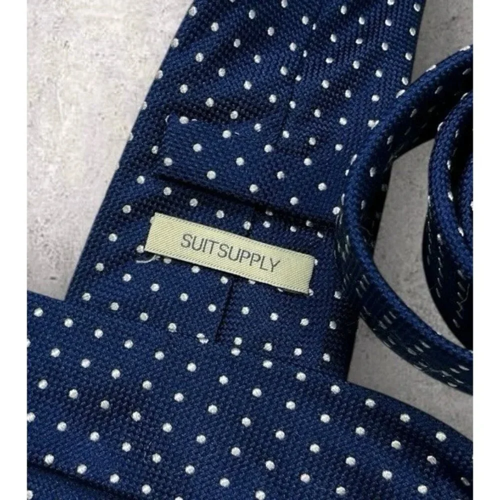 SUITSUPPLY Silk Tie XL Blue White Polka Dot W:3.2" EUC - Picture 2 of 5